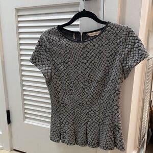 Rebecca Taylor Black and Gray Textured Short Sleeve Peplum Top
